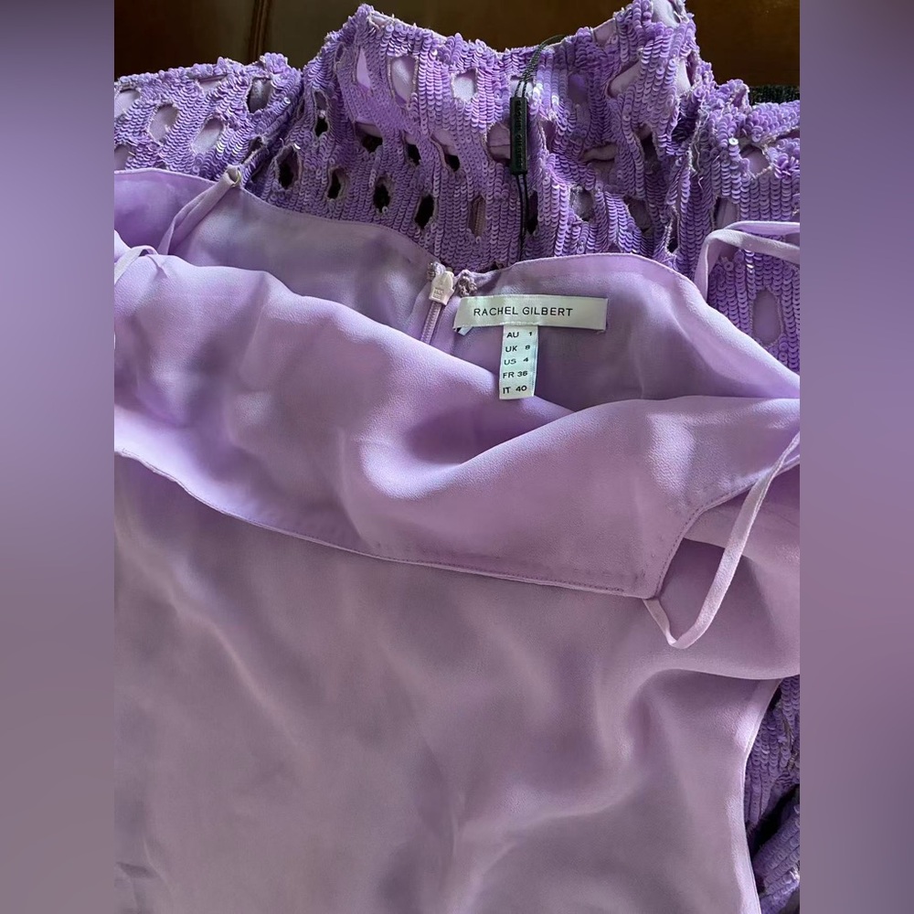 Rachel Gilbert Mara Purple Metallic Ostrich Feather Column Gown NWT - Picture 10 of 13